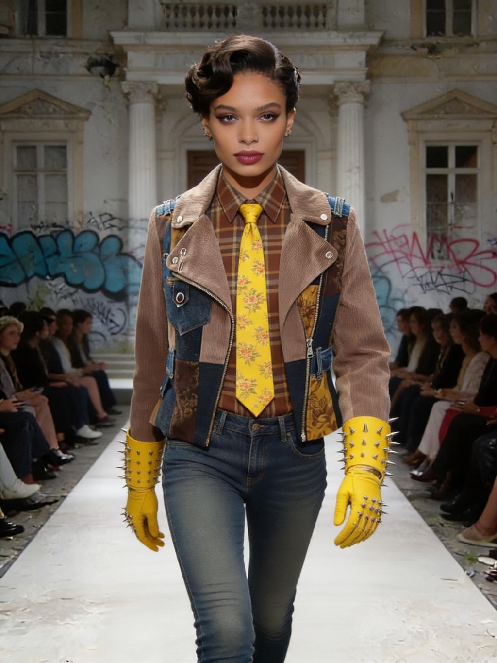 Modella che sfila al centro della passerella durante la sfilata Punk-à-Porter edizione vintage, indossa giacca biker patchwork in denim e velluto a coste, camicia a quadri marrone con cravatta gialla a fiori, jeans skinny e guanti gialli con borchie, passerella urbana davanti a palazzo storico decadente con graffiti e pubblico ai lati, moda sostenibile del brand Marita Balàzs.