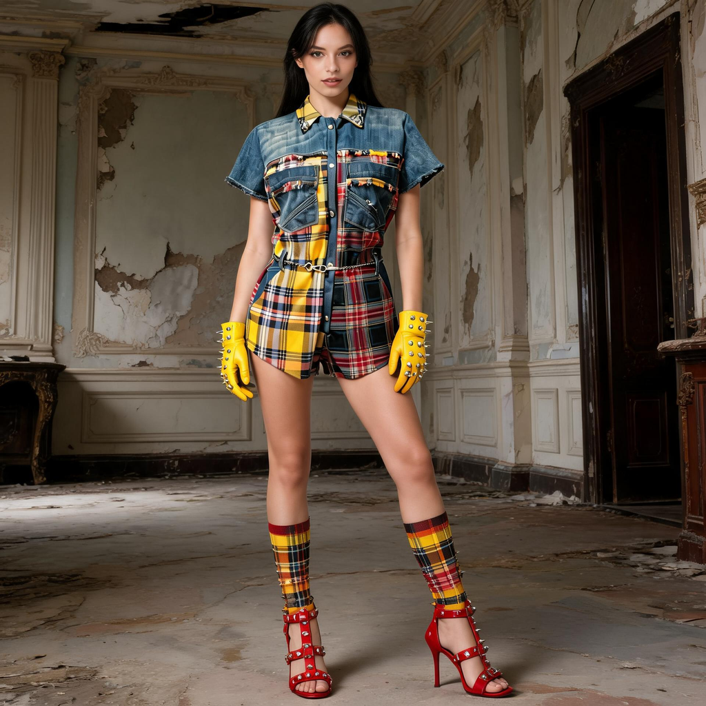 Modella in una stanza d’epoca con giacca biker in denim rigenerato con inserti animalier e dettagli punk sulle maniche, minigonna in denim, fascia per capelli e guanti borchiati; lookbook Punk-à-Porter primavera/estate.