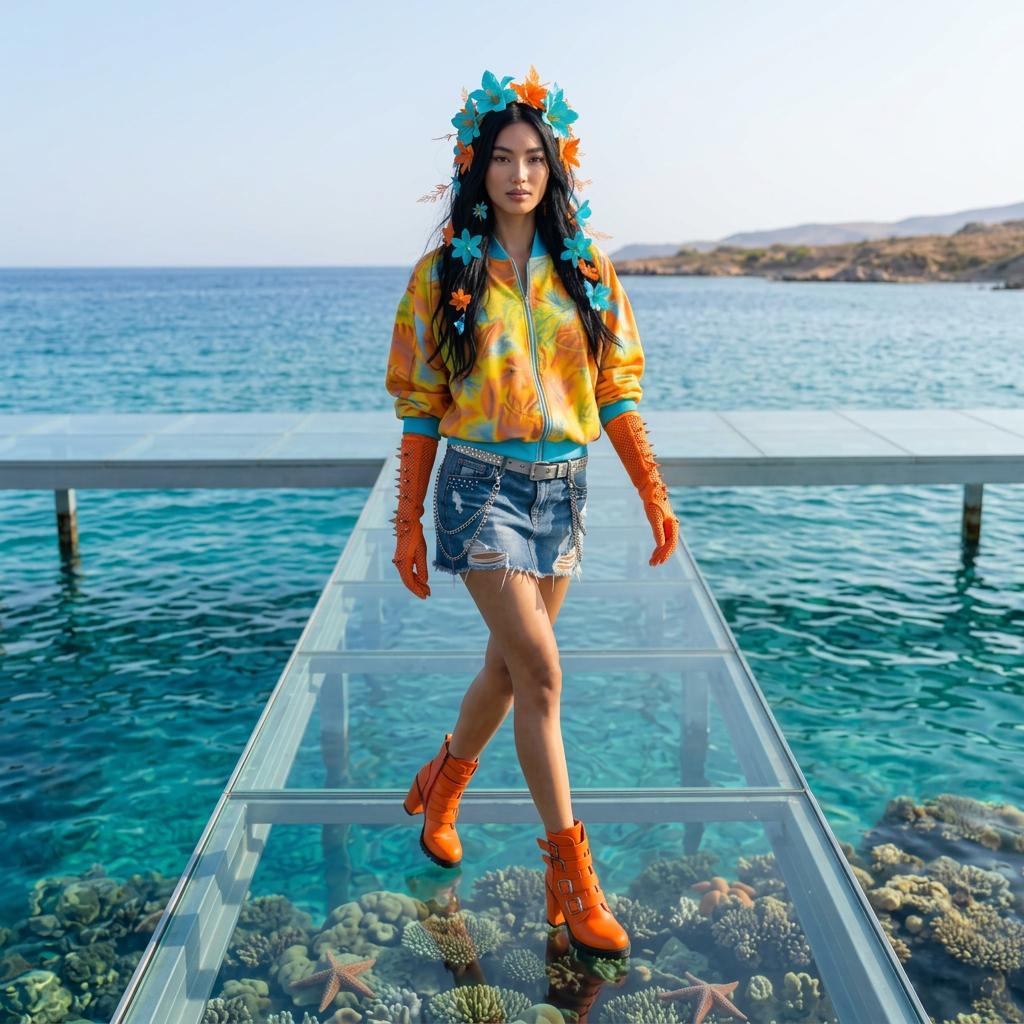 Modella sulla passerella trasparente sopra il mare, con giacca dai colori vivaci, shorts in denim, guanti arancioni, stivali arancioni e corona di fiori turchesi e arancioni, dalla capsule Coral Dream della collezione Punk-à-Porter di Marita Balàzs.