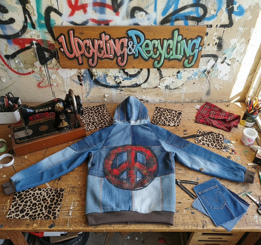 Giacca patchwork in denim con grande simbolo della pace rosso sul retro, appoggiata su un tavolo da lavoro circondato da stoffe, fili e strumenti sartoriali. Sullo sfondo, un cartello dipinto a mano con la scritta "Upcycling & Recycling".