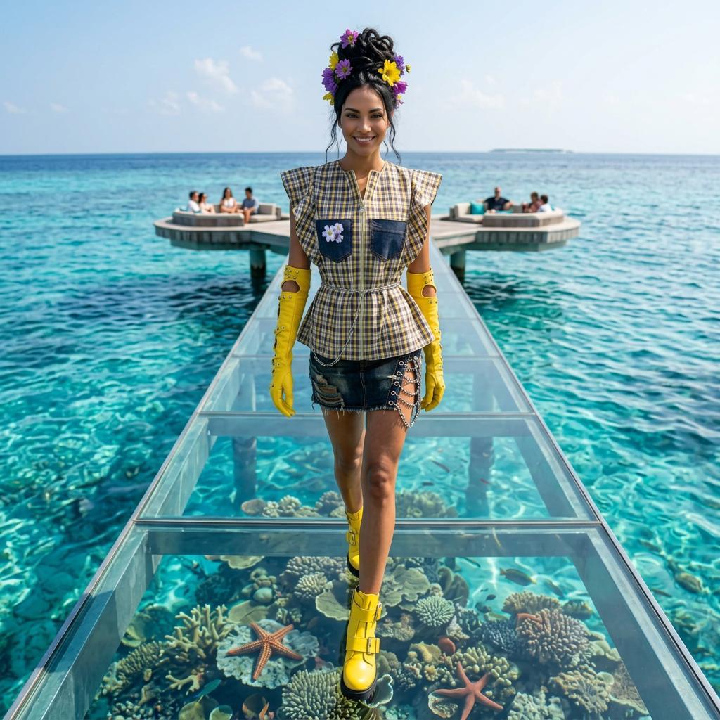 Modella sulla passerella trasparente sopra il mare, con top a quadri, shorts in denim decorati, guanti e stivali gialli e fiori tra i capelli, dalla capsule Coral Dream della collezione Punk-à-Porter di Marita Balàzs.