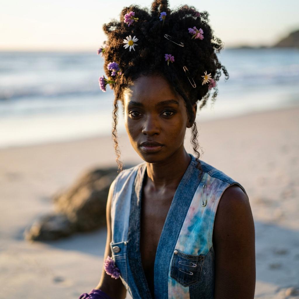 Primo piano di una modella con capelli decorati da fiori e spille da balia, mentre indossa un gilet in denim patchwork della capsule Coral Dream, collezione Punk-à-Porter di Marita Balàzs, sulla spiaggia.
