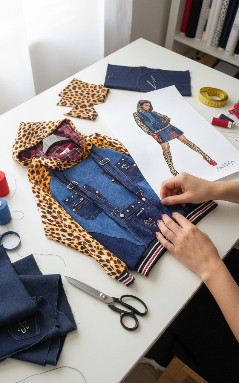 Mani che lavorano su una giacca patchwork in denim e tessuto leopardato, appoggiata su un tavolo da lavoro insieme a forbici, fili colorati, metro da sarta e un bozzetto che mostra il design della giacca. Sullo sfondo si vedono scaffali con tessuti.