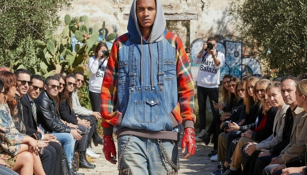 Modello che sfila all’aperto indossando una felpa con cappuccio in denim e maniche a quadri, pantaloni in denim con catene e guanti rossi, circondato da spettatori seduti lungo la passerella, davanti a un muro con graffiti e piante.