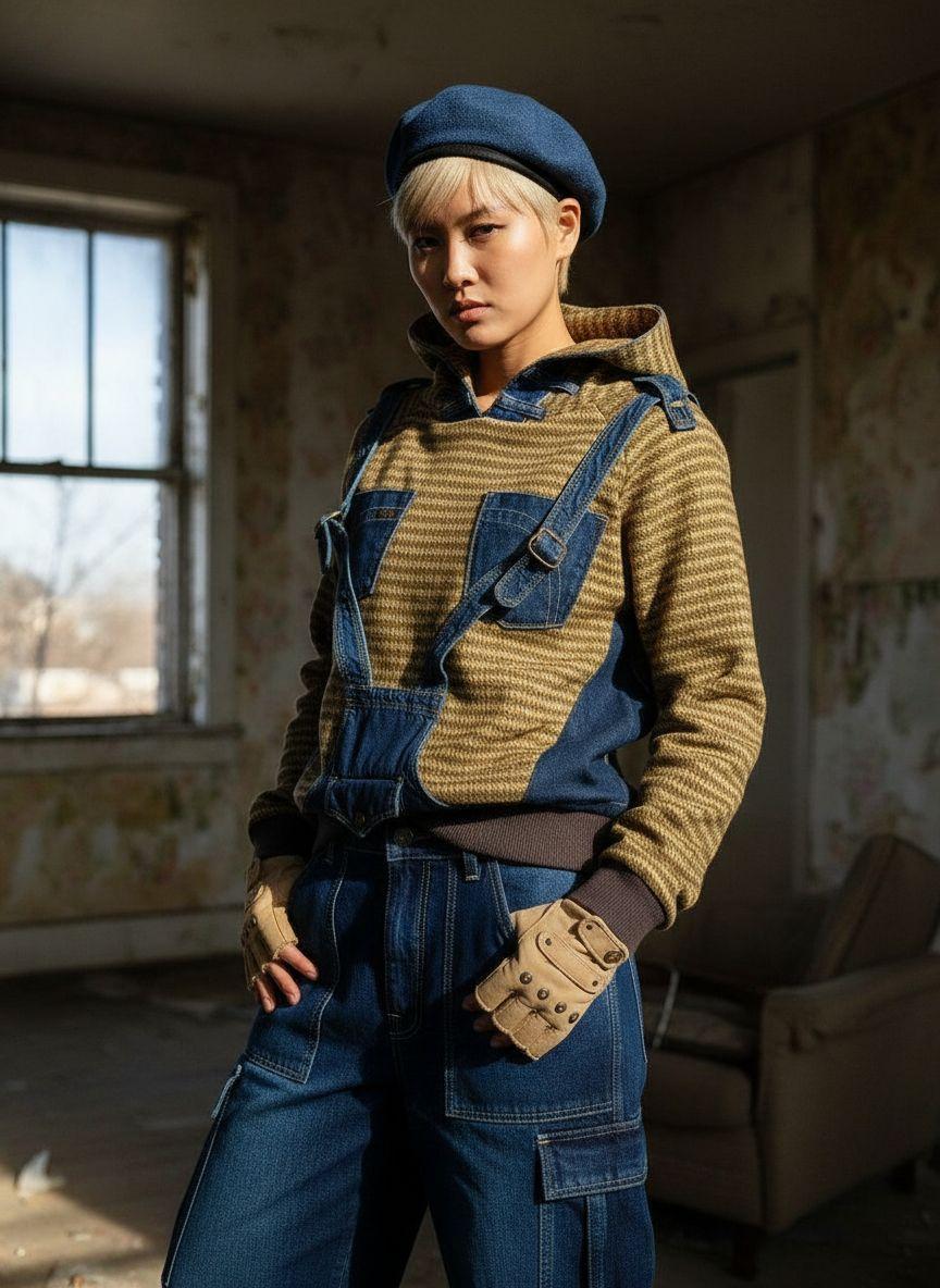 Modella in piedi in una stanza abbandonata con pareti scrostate e una finestra aperta, indossa una salopette in denim blu sopra un maglione a righe marrone, guanti beige decorati e un berretto blu coordinato. Sullo sfondo, una poltrona e luce naturale che entra dalla finestra.