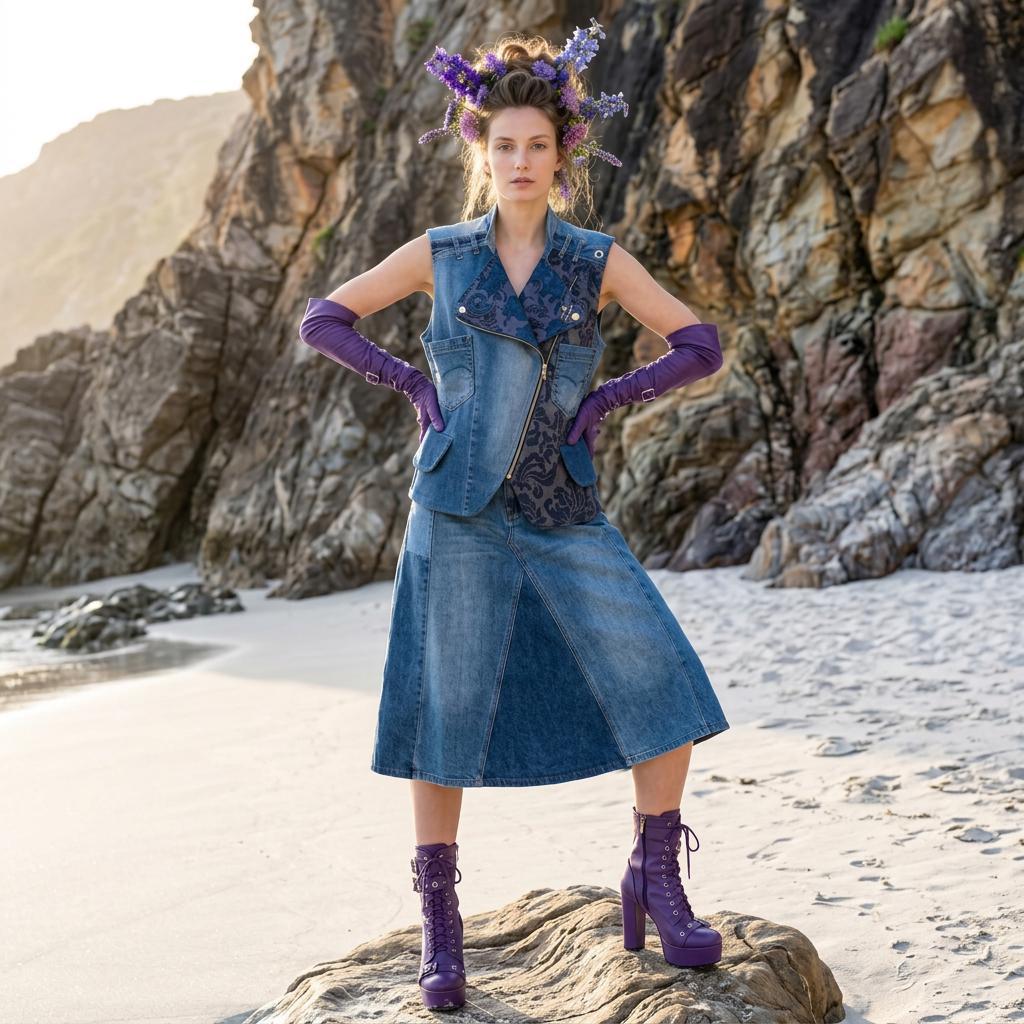 Modella sulla spiaggia, davanti a una scogliera, con un look in denim patchwork, guanti lunghi, stivali viola e corona di fiori, dalla capsule Coral Dream della collezione Punk-à-Porter** di Marita Balàzs.