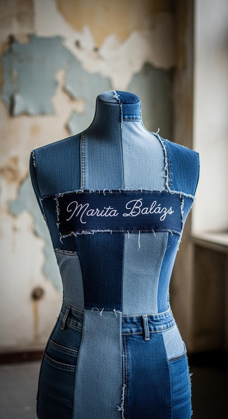 Manichino sartoriale rivestito con patchwork di denim in varie tonalità di blu, con la scritta "Marita Balàzs" ricamata sul retro. Sullo sfondo si intravede una parete scrostata e una finestra che lascia entrare luce naturale.

