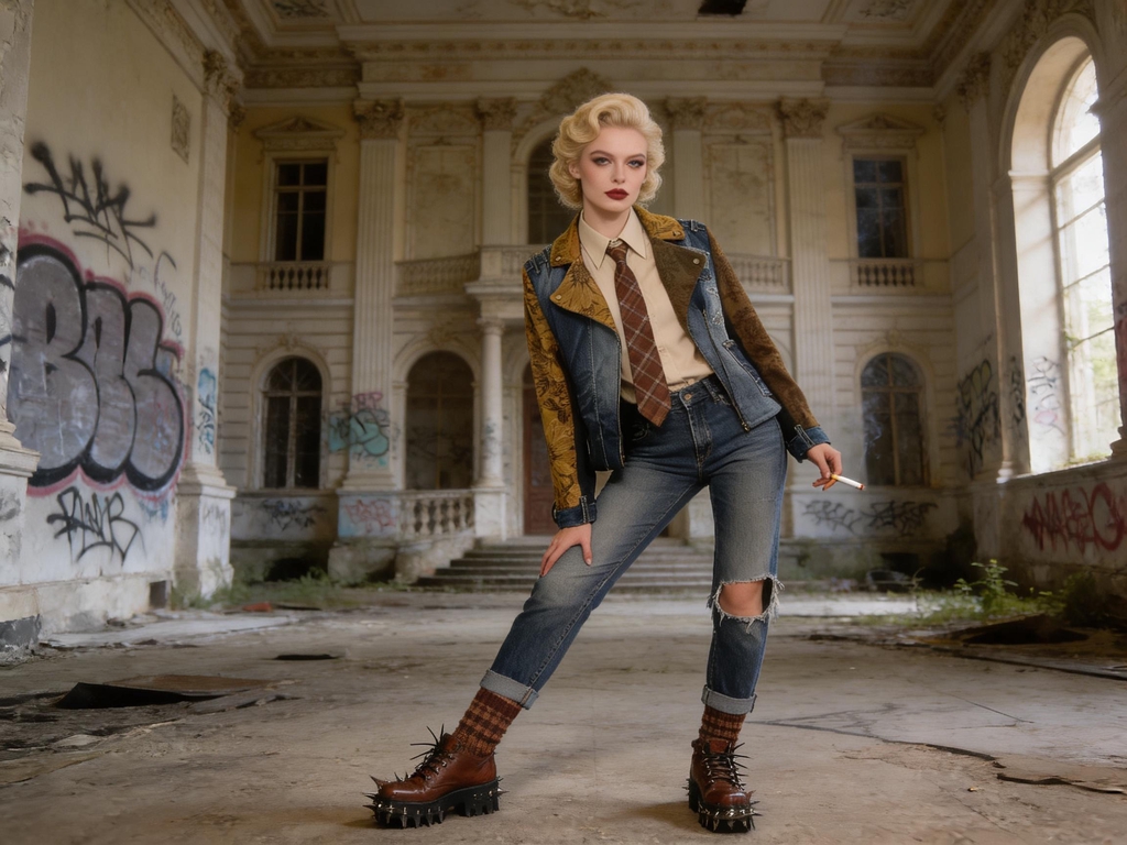 Modella della collezione Punk-à-Porter di Marita Balàzs in look unisex con gilet e maniche in denim e broccato, camicia chiara e cravatta a righe, jeans strappati e anfibi con borchie, posa a gambe divaricate in un palazzo storico abbandonato e ricoperto di graffiti.