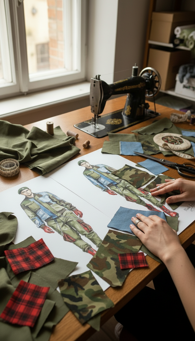 Mani che lavorano su un bozzetto di moda raffigurante una giacca patchwork in denim, tessuto mimetico e quadri rossi, su un tavolo da lavoro con macchina da cucire, stoffe e strumenti sartoriali vicino a una finestra.