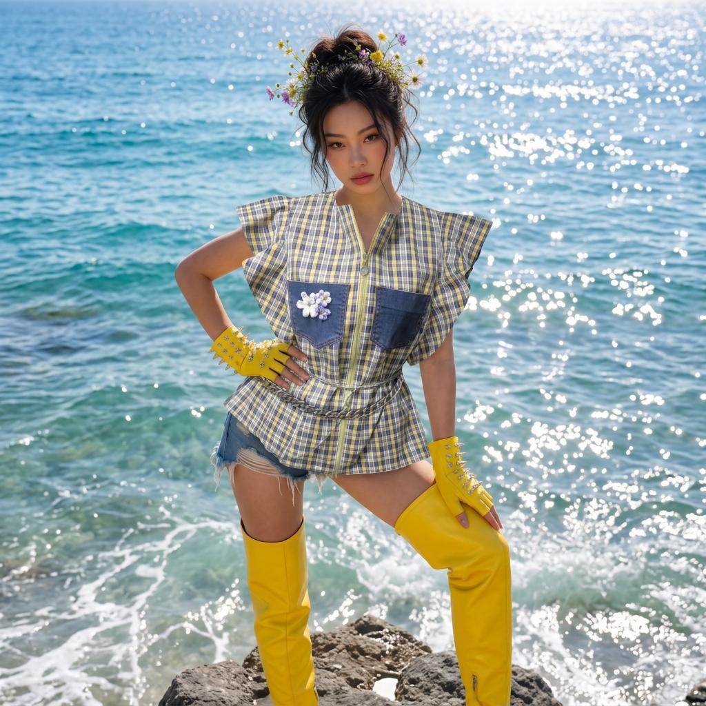 Modella sugli scogli in riva al mare, con top e shorts a quadri, dettagli in denim, guanti e stivali gialli, dalla capsule Coral Dream della collezione Punk-à-Porter di Marita Balàzs.