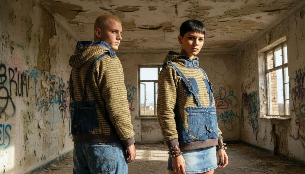 Due modelli in piedi al centro di una stanza abbandonata con muri scrostati e graffiti colorati, pavimento coperto di detriti e grandi finestre che mostrano il cielo e la vegetazione esterna.