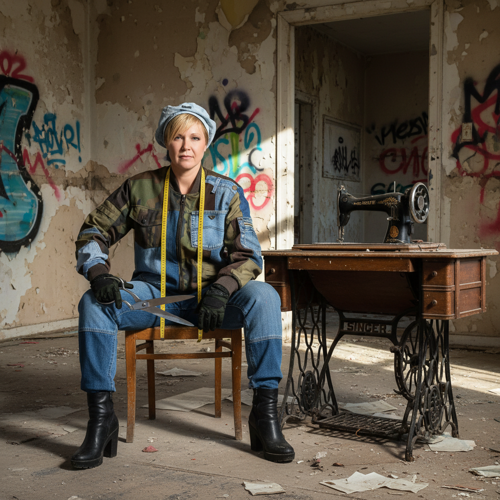 La stilista Marita Balàzs seduta su una sedia in una stanza abbandonata con pareti ricoperte di graffiti colorati, indossa una giacca patchwork in denim e tessuto mimetico, pantaloni in denim, stivali neri e guanti. Accanto c’è un tavolo con una macchina da cucire vintage.