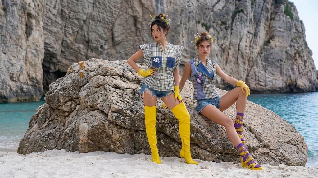 Due modelle indossano look patchwork in denim con guanti gialli e calzature colorate, posando su una roccia davanti al mare e alle scogliere della Sardegna.