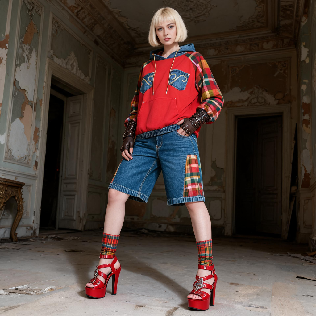 Modella inginocchiata in una stanza d’epoca indossa cappotto gilet gessato nero con maniche effetto bleach, cintura con catene, guanti in pelle e anfibi bianchi; corona di fiori tra i capelli, lookbook Punk-à-Porter primavera/estate by Marita Balàzs