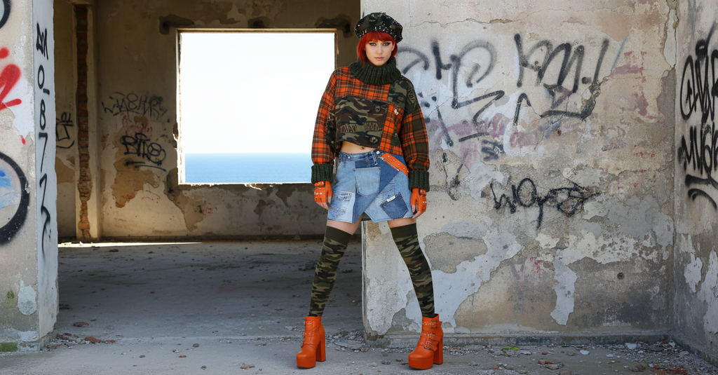 Modella posa in un edificio abbandonato con graffiti, indossando maglione verde militare con dettagli arancioni, t-shirt mimetica, shorts in denim con cintura arancione, guanti arancioni, calze mimetiche e stivaletti arancioni con plateau; sullo sfondo finestra con vista sul mare.