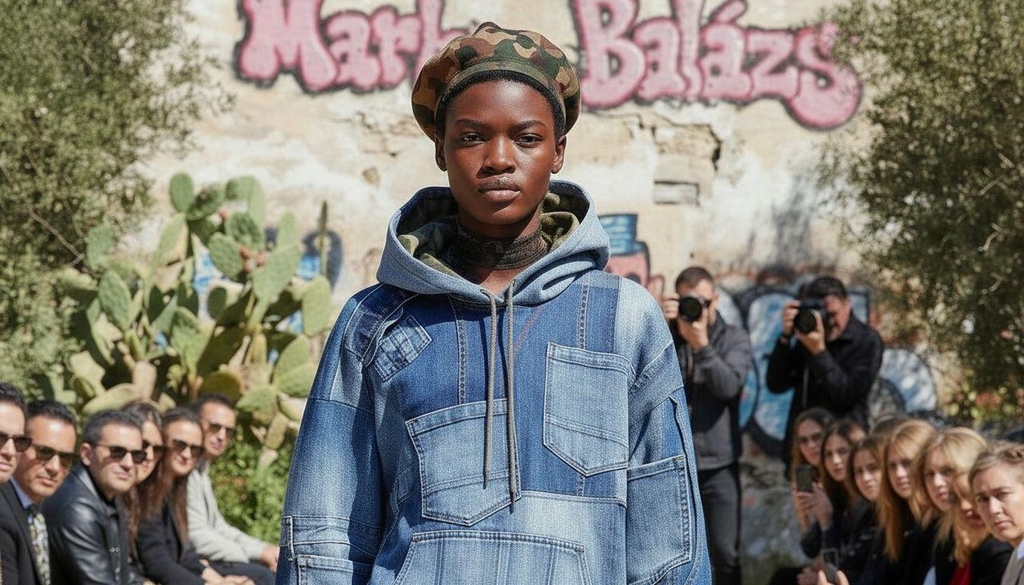 Modella che indossa una felpa patchwork in denim con cappuccio e pantaloni coordinati, posa all’aperto davanti a un muro con graffiti e la scritta "Marita Balàzs", circondata da spettatori e fotografi.