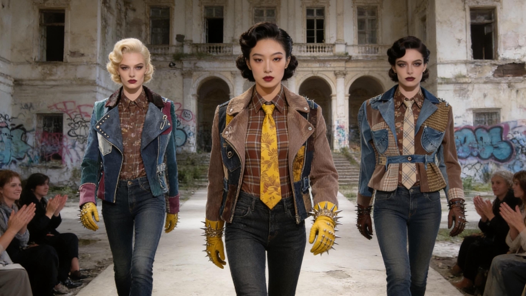 Sfilata Punk-à-Porter – edizione vintage. Tre modelle interpretano l’estetica punk in chiave contemporanea tra bianco e nero, cut-out e borchie, per la collezione di moda sostenibile firmata Marita Balàzs.