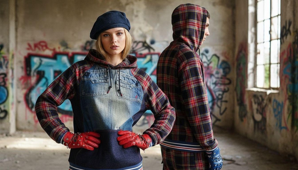 Due modelli in piedi in una stanza abbandonata con pareti ricoperte di graffiti colorati. Indossano abbigliamento street style con dettagli in denim e tessuto scozzese, guanti rossi e blu, e cappelli coordinati. La luce naturale entra dalle grandi finestre sullo sfondo.