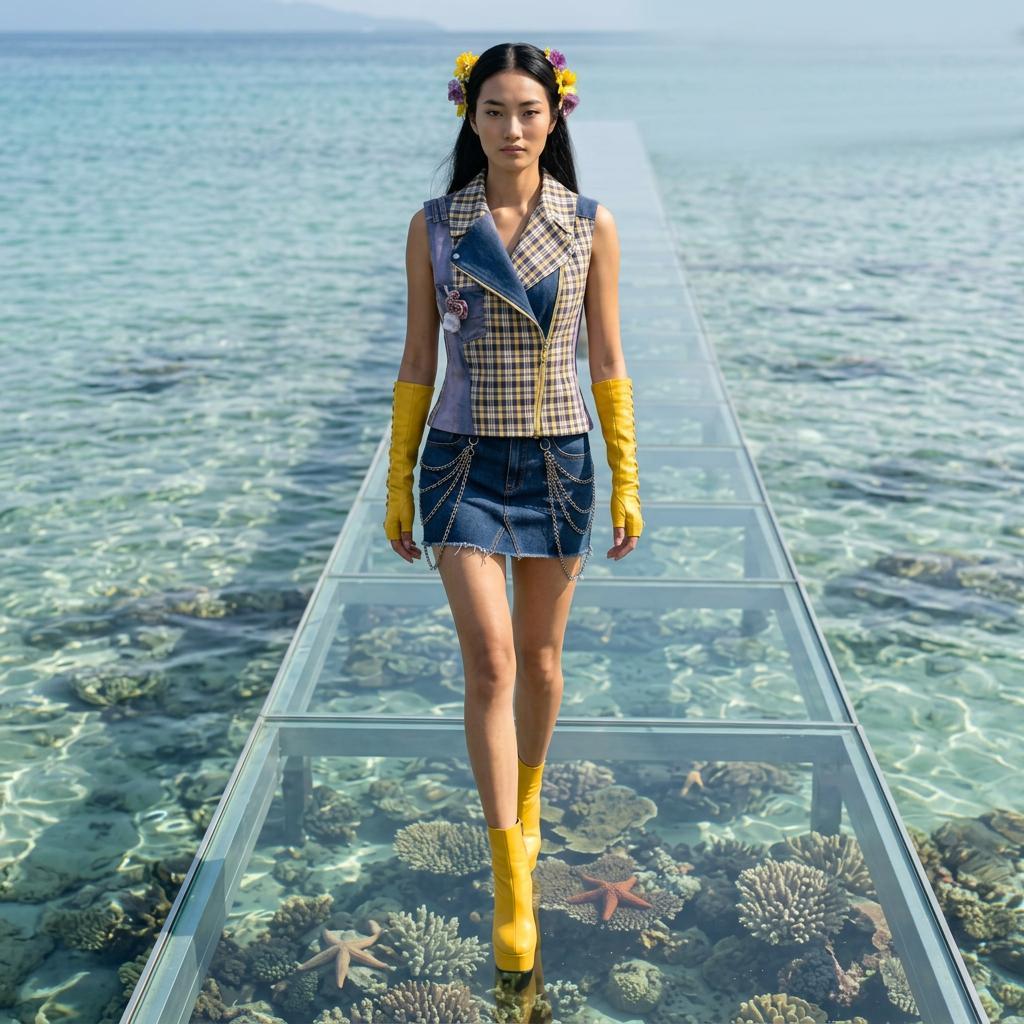 Modella sfila su una passerella trasparente sopra il mare e la barriera corallina, indossando un gilet sartoriale a quadri con dettagli in denim, minigonna decorata da catene, guanti e stivali gialli, dalla capsule Coral Dream della collezione Punk-à-Porter di Marita Balàzs.