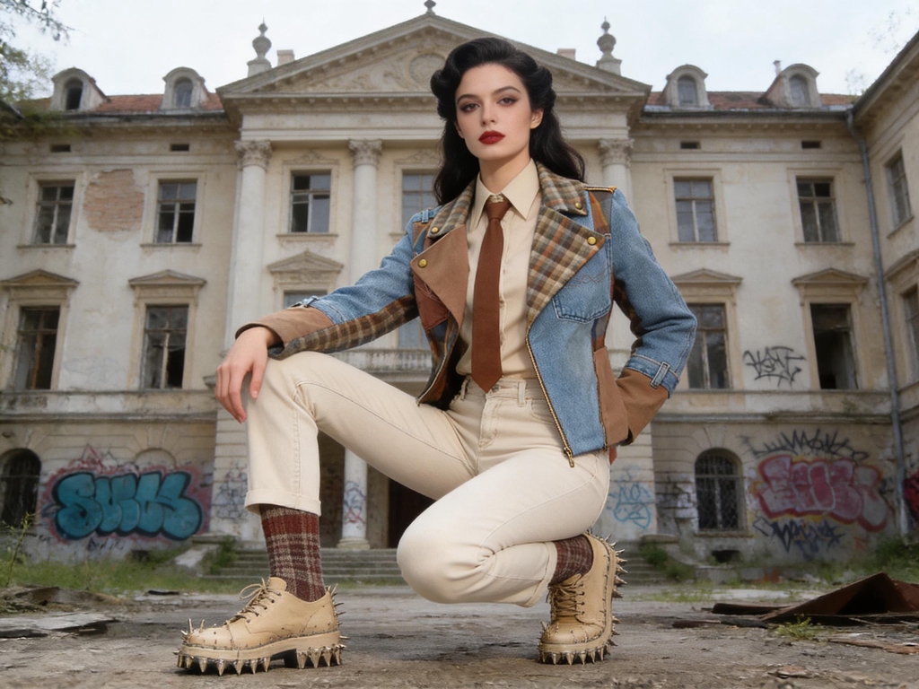 Modella della collezione Punk-à-Porter di Marita Balàzs inginocchiata davanti a un palazzo storico abbandonato con graffiti, indossa completo color panna con camicia e cravatta marrone, giacca biker patchwork in denim e tweed e anfibi beige con maxi borchie metalliche.