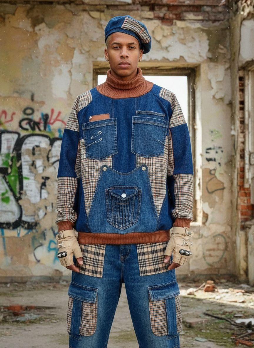 Modello in piedi in una stanza abbandonata con muri scrostati e graffiti, indossa un maglione e pantaloni patchwork in denim e tessuto a quadri, guanti beige decorati e berretto coordinato. Sullo sfondo, una finestra aperta mostra l’esterno.