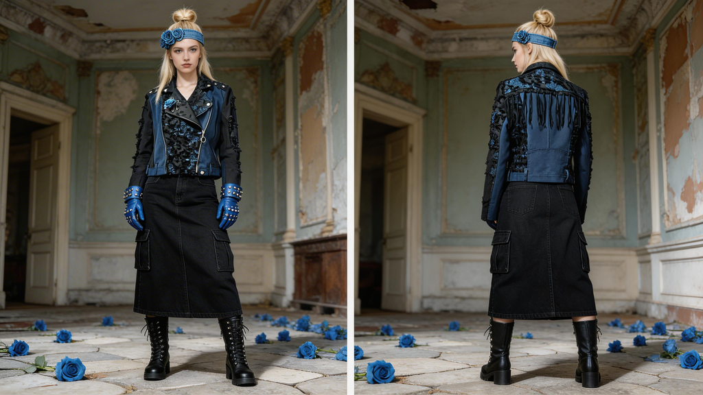 Doppia foto fronte/retro: modella in stanza d’epoca indossa giacca biker blu e nera con applicazioni e frange, top nero, gonna lunga cargo in denim nero, guanti borchiati blu, fascia per capelli e anfibi; rose blu sul pavimento, lookbook Punk-à-Porter primavera/estate.