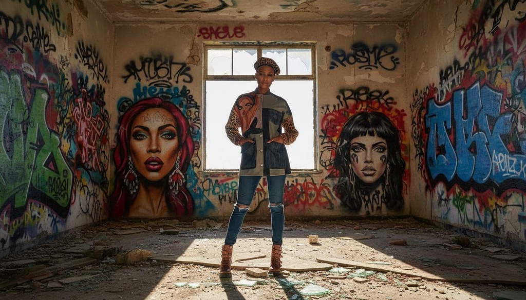 Modella in piedi al centro di una stanza abbandonata con pareti ricoperte di graffiti colorati. Indossa un cappello leopardato, una giacca patchwork con dettagli in denim e pantaloni strappati, illuminata dalla luce naturale che entra dalla finestra sullo sfondo.