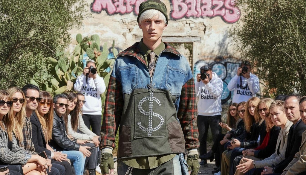 Modello che sfila all’aperto indossando una giacca patchwork in denim e tessuto scozzese, maglia verde con simbolo del dollaro decorato, cravatta e pantaloni verdi, circondato da spettatori e fotografi davanti a un muro con la scritta "Marita Balàzs" e piante di cactus.