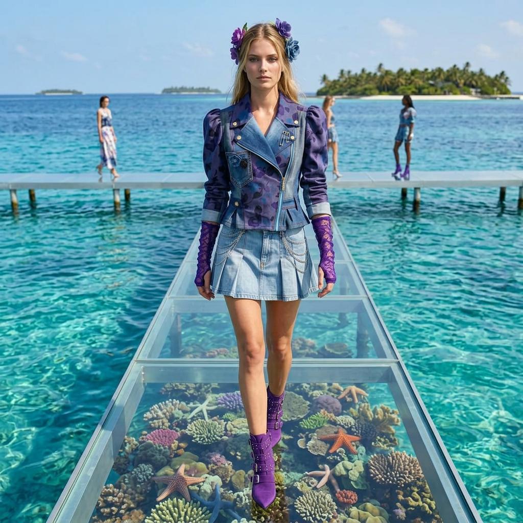 Modella sfila su una passerella trasparente sopra una barriera corallina, indossando una giacca in denim e tessuto viola, minigonna chiara, guanti e stivali viola, con fiori tra i capelli, dalla capsule Coral Dream della collezione Punk-à-Porter di Marita Balàzs.