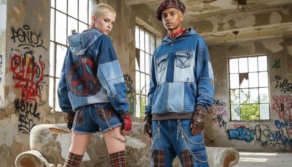 Due modelli posano in un edificio abbandonato con graffiti, indossando felpe patchwork in denim riciclato, pantaloncini e pantaloni con dettagli tartan, catene e guanti; uno dei capi presenta un grande simbolo della pace dipinto sul retro.