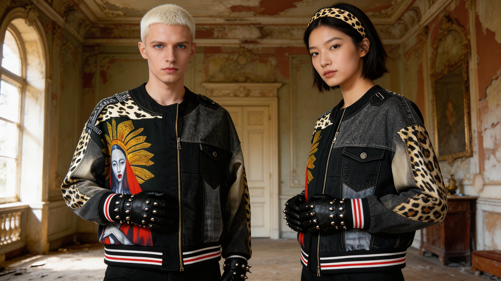 Due modelli in una stanza d’epoca indossano bomber unisex in denim rigenerato con inserti animalier e stampa iconica sul davanti, guanti borchiati e fascia leopardata; lookbook Punk-à-Porter primavera/estate.