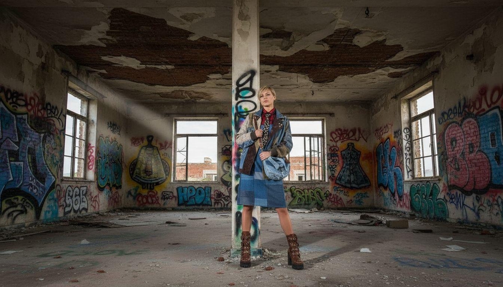 Modella in piedi in una stanza abbandonata con pareti ricoperte di graffiti colorati, indossa una giacca patchwork, una gonna di jeans, stivali marroni e tiene una borsa in denim. La luce naturale entra dalle finestre, illuminando la scena urbana e creativa.