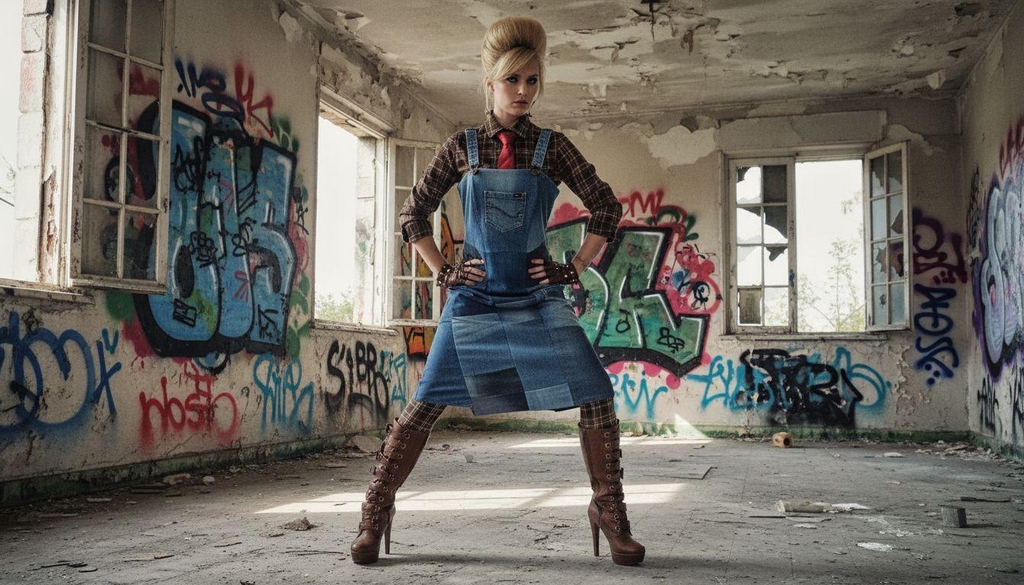 Modella posa in un edificio abbandonato con graffiti colorati, indossando abito in denim riciclato sopra camicia a quadri marrone, cravatta rossa e stivali alti marroni con lacci; sullo sfondo finestre aperte e pareti scrostate.