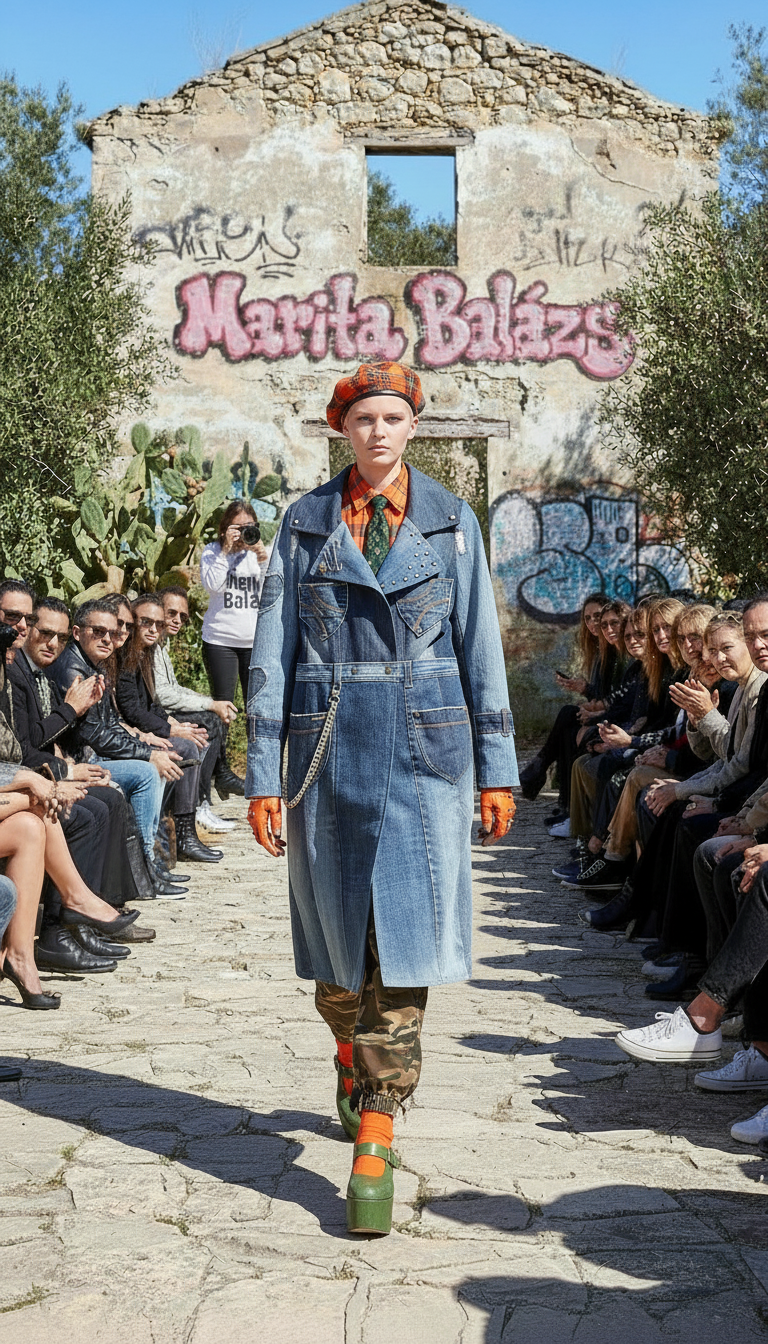 Modella che indossa una giacca in denim con dettagli borchiati, camicia arancione a quadri, cravatta verde e cappello scozzese arancione, sfila all’aperto davanti a un muro con graffiti e la scritta "Marita Balàzs", circondata da spettatori seduti.