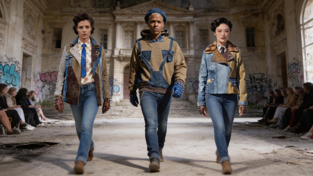 Sfilata Punk-à-Porter – edizione vintage. Tre modelli avanzano sulla passerella all’interno di un palazzo abbandonato, tra giacche patchwork in denim e tweed, tocchi tartan e accessori borchiati: una dichiarazione di moda sostenibile firmata Marita Balàzs.