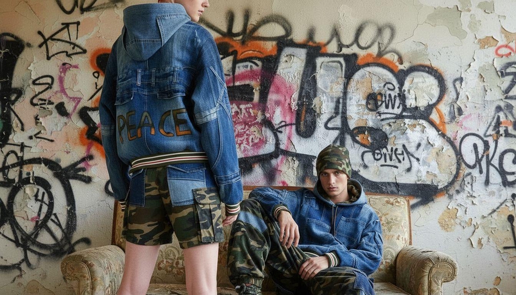 Due modelli posano su un divano davanti a un muro con graffiti, indossando giacche in denim riciclato con dettagli patchwork e pantaloni mimetici; una delle giacche presenta la scritta “PEACE” dipinta sul retro.