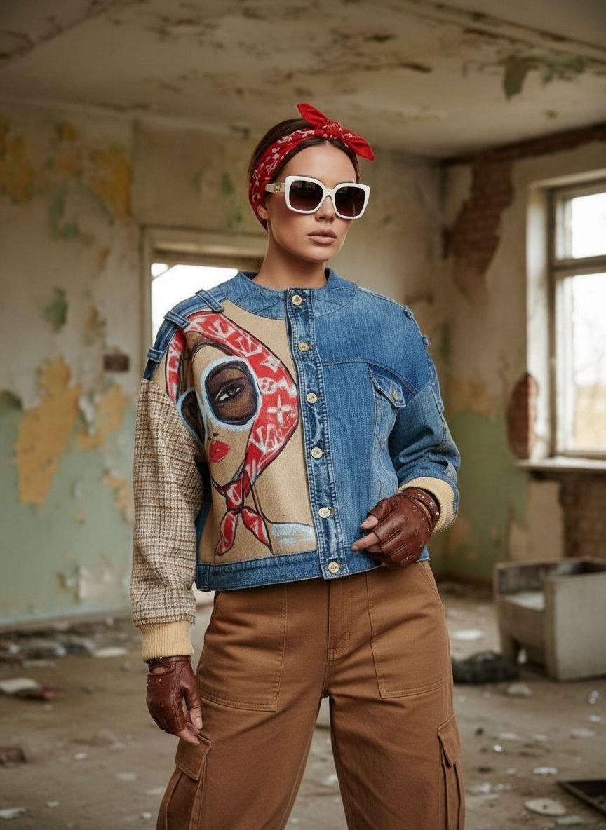 Modella in piedi in una stanza abbandonata con muri scrostati, indossa una giacca di jeans decorata con un grande ritratto dipinto, pantaloni marroni, guanti marroni, bandana rossa e occhiali bianchi. Sullo sfondo, finestre che mostrano l’esterno.