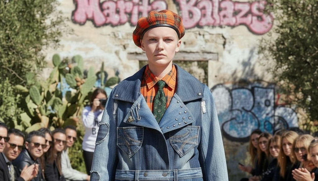 Modella che indossa una giacca in denim con dettagli borchiati, camicia arancione a quadri, cravatta verde e cappello scozzese arancione, sfila all’aperto davanti a un muro con graffiti e la scritta "Marita Balàzs", circondata da spettatori seduti.