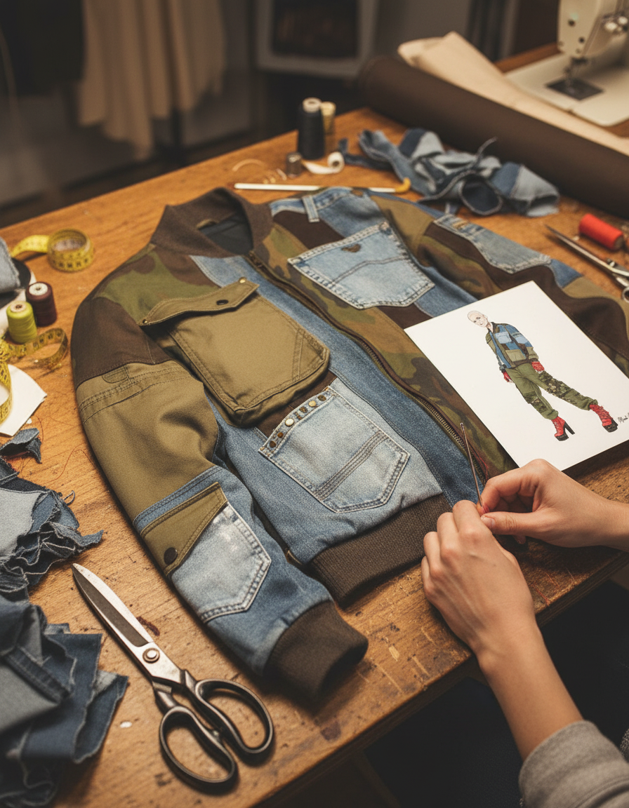 Giacca patchwork in denim e tessuto mimetico appoggiata su un tavolo da lavoro, circondata da forbici, fili, metro da sarta e pezzi di stoffa. Una mano tiene un bozzetto che mostra il design della giacca.