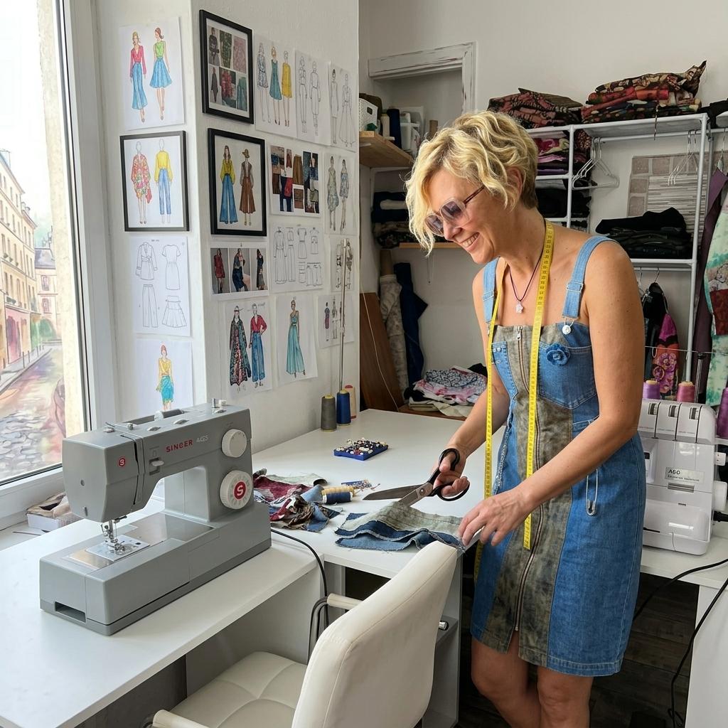 La stilista Marita Balàzs seduta su una sedia in una stanza abbandonata con pareti ricoperte di graffiti colorati, indossa una giacca patchwork in denim e tessuto mimetico, pantaloni in denim, stivali neri e guanti. Accanto c’è un tavolo con una macchina da cucire vintage.