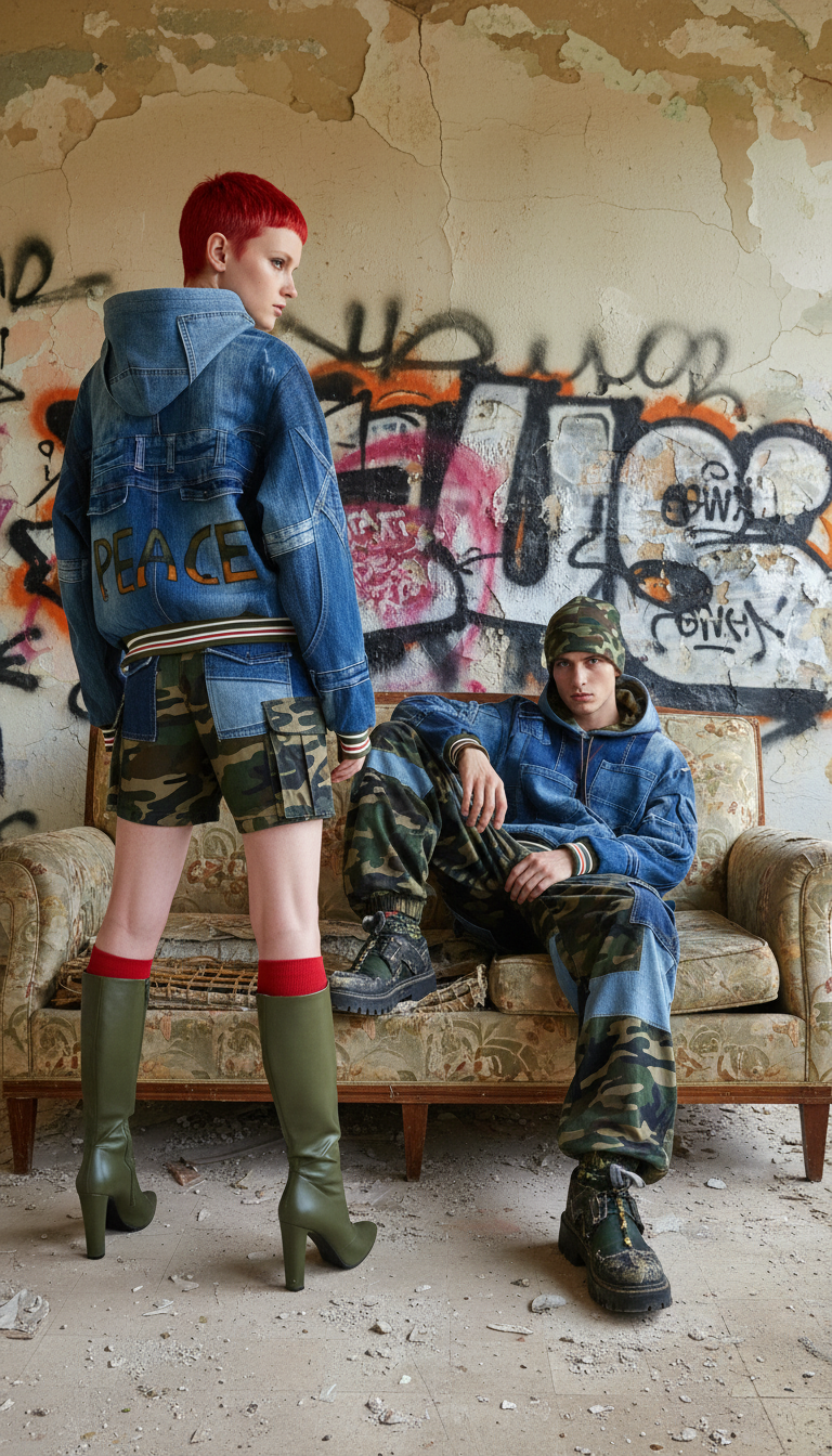 Due modelli posano in un edificio abbandonato con graffiti, indossando giacche in denim riciclato con dettagli patchwork e scritta “PEACE” dipinta sul retro, pantaloni e shorts mimetici, calze rosse e stivali verdi con plateau; uno è seduto su un divano vintage, l’altro è in piedi di fronte.