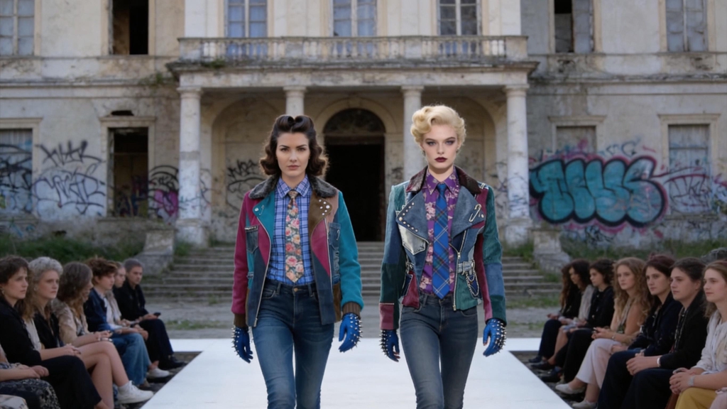 Sfilata Punk-à-Porter – edizione vintage. Due modelle percorrono la passerella all’aperto davanti a un palazzo decadente, tra denim, pelle multicolor, stampe plaid e dettagli borchiati: una visione di moda sostenibile firmata Marita Balàzs.