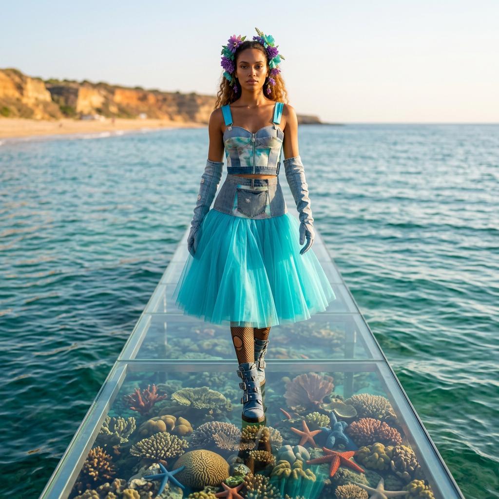 Modella con corona floreale e look in denim patchwork, guanti lunghi e ampia gonna in tulle turchese, sfila su una passerella trasparente sopra la barriera corallina, dalla capsule Coral Dream della collezione Punk-à-Porter di Marita Balàzs.