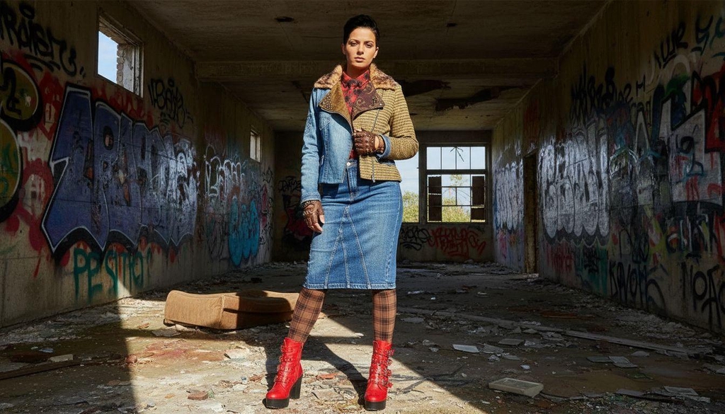 Modella in piedi al centro di una stanza abbandonata con pareti ricoperte di graffiti colorati, indossa una giacca patchwork, una gonna di jeans e stivali rossi. Il pavimento è coperto di detriti e la luce naturale entra dalle finestre sullo sfondo.