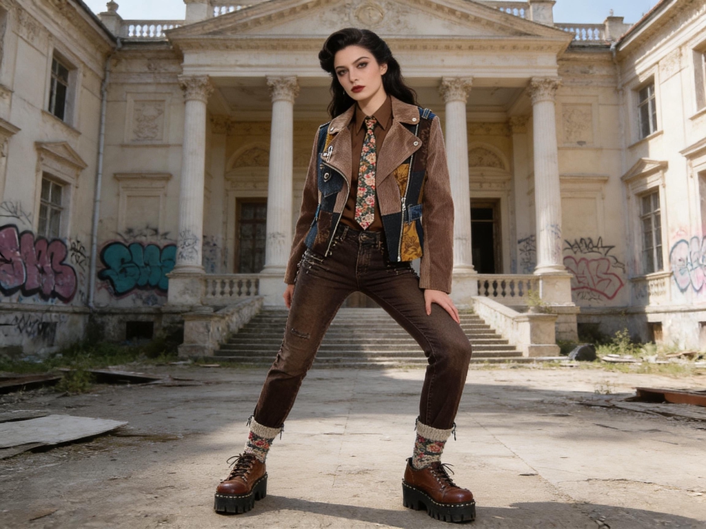 Modella con giacca biker della collezione Punk-à-Porter di Marita Balàzs in denim e velluto marrone, giacca patchwork e camicia a fiori, posa a gambe divaricate davanti a un palazzo storico abbandonato con graffiti.