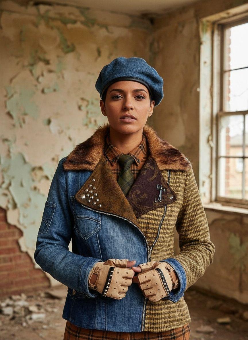 Modella in piedi in una stanza abbandonata con muri scrostati e finestra aperta, indossa una giacca sartoriale in denim e tessuto a quadri con colletto in pelliccia, camicia a quadri marrone, cravatta verde, guanti beige e berretto blu.