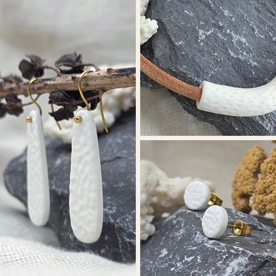 bijoux boucles colliers Collection porcelaine blanche céramique brut martelé sculpté artisanal faits main