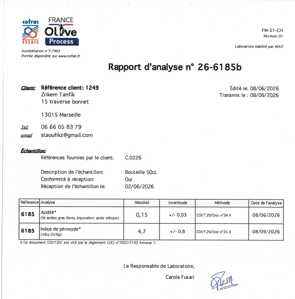 Analyse chimiques, acidité, peroxyde, k232, k270 et Delta k