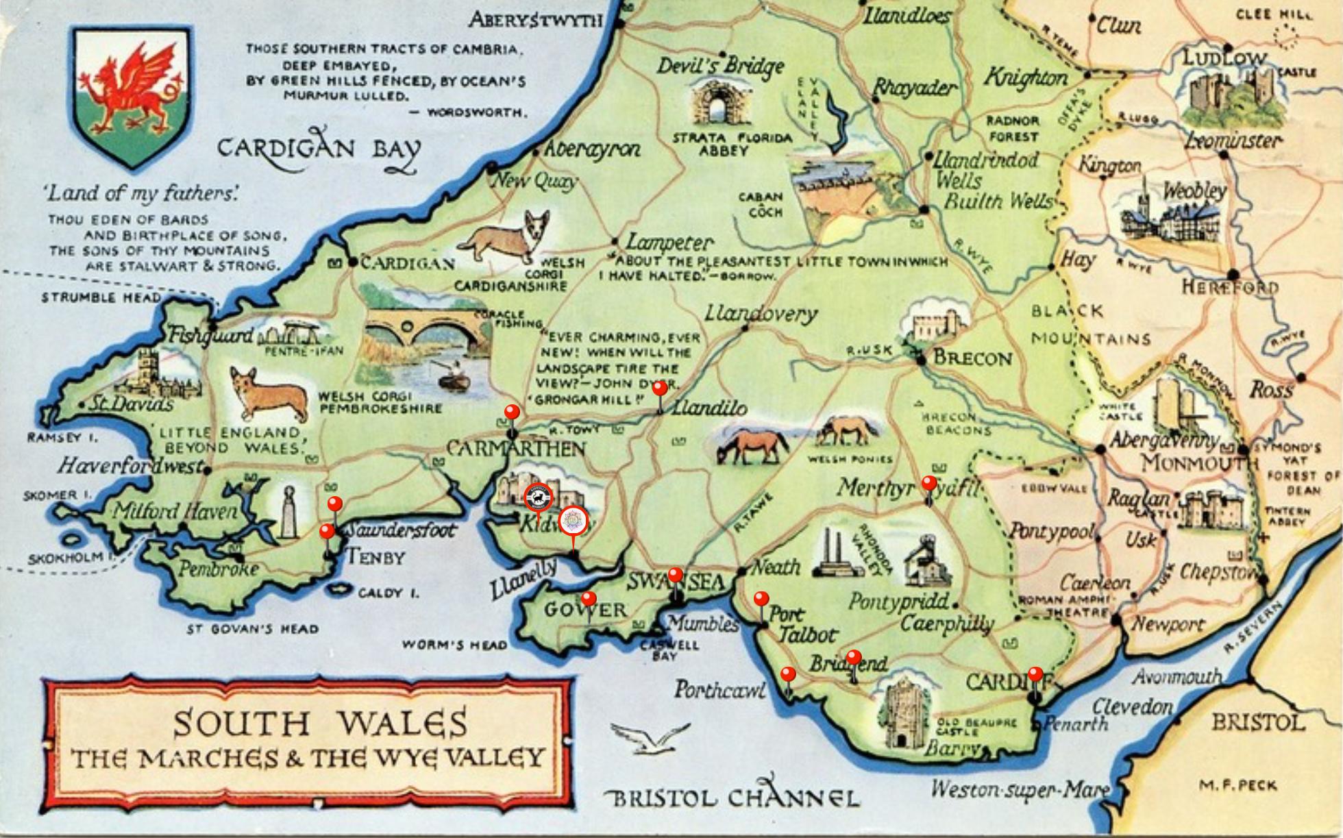 Map of south Wales with pins on where i travel to craft markets 