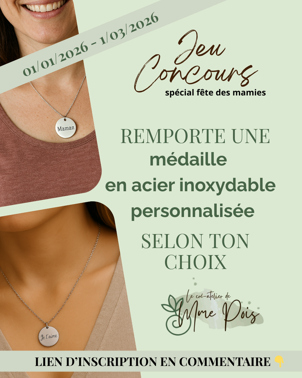 Ce concours est organisé à l’occasion de la Fête des Mamies. Il permet de participer gratuitement à un tirage au sort pour tenter de gagner une médaille personnalisée à offrir à sa grand-mère. La participation se fait par inscription, sans obligation d’achat. Le tirage au sort aura lieu le 1er mars 2026. Le but du concours est de célébrer l’amour et la gratitude envers les mamies.